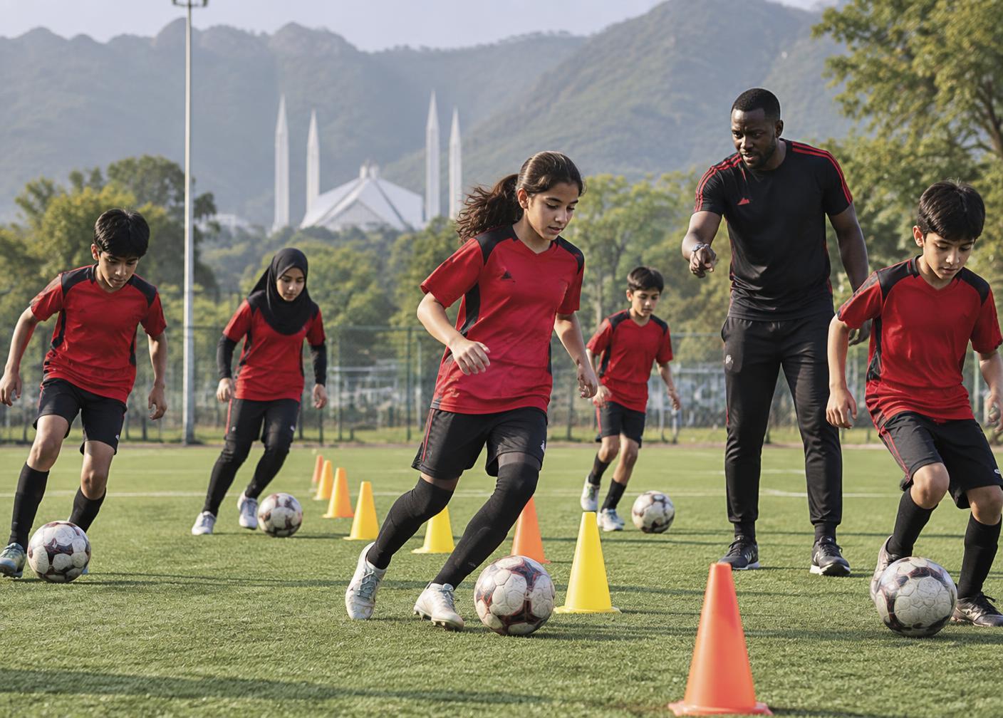 Young players training with their coach